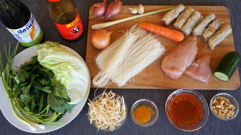 Sautéed Chicken and Crispy Spring Rolls Noodle Salad Ingredients