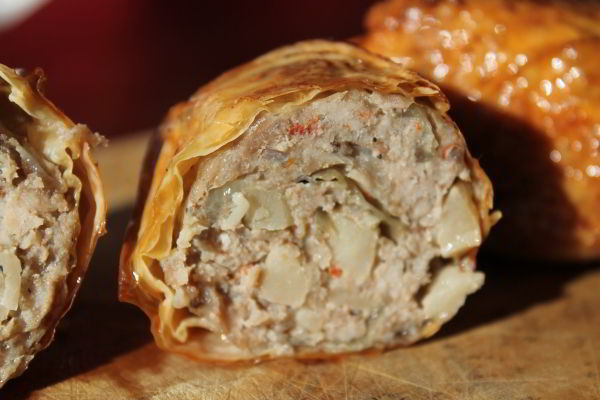 Sliced fried crab roll, the water chestnuts are visible